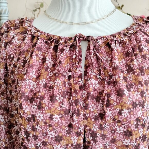 Max Studio Ditsy Floral Chiffon Top L Ruffles Cold Shoulder Lined Blouson Waist - Picture 2 of 7